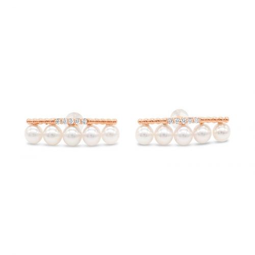 Pierce Earring with Japanese Akoya Pearl and Diamonds in Pink Gold K18