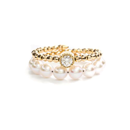 Akoya Pearl with Diamond Ring 0.10ct up Flexible in Yellow Gold K18