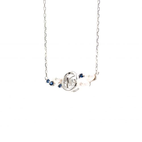 Swing Diamond,Sapphire & Pearl Pendant in White Gold k18