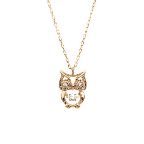 Owl Design Swing Diamond Pendant in Pink Gold k18.